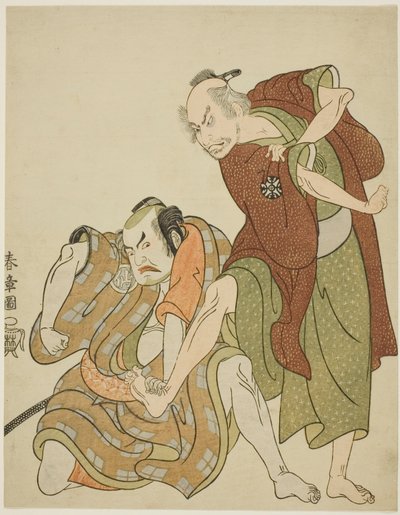 Acteurs in de rollen van Giheiji en zijn schoonzoon, Danshichi Kurobei door Katsukawa Shunsho