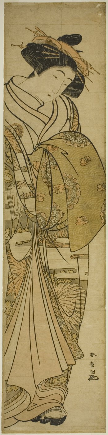 Courtisane in een kimono met chrysantenpatroon door Katsukawa Shunsho