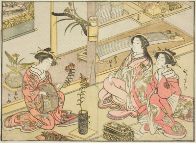 Courtisanes van de Kadotsutaya, uit het boek "Spiegel van Mooie Vrouwen van de Plezierwijken (Seiro bijin awase sugata kagami)," deel 1 door Katsukawa Shunsho