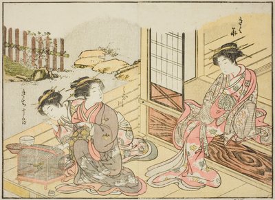 Courtisanes van de Kagemanjiya, uit het boek "Spiegel van Mooie Vrouwen van de Plezierkwartieren (Seiro bijin awase sugata kagami)," deel 1 door Katsukawa Shunsho
