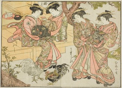 Courtisanes van de Ogiya, uit het boek "Spiegel van Mooie Vrouwen van de Plezierwijken (Seiro bijin awase sugata kagami)," deel 1 door Katsukawa Shunsho