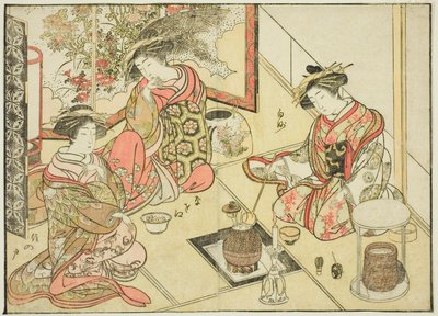 Courtisanes van de Okaneya, uit het boek "Spiegel van Mooie Vrouwen van de Plezierkwartieren (Seiro bijin awase sugata kagami)," deel 2 door Katsukawa Shunsho