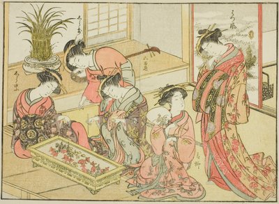Courtisanes van de Wakanaya, uit het boek "Spiegel van Mooie Vrouwen van de Plezierkwartieren (Seiro bijin awase sugata kagami)," deel 1 door Katsukawa Shunsho