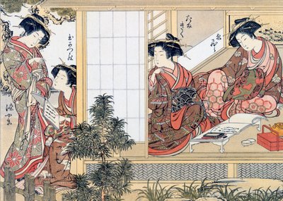 Japanse courtisanes lezen en schrijven, ca. 1776 door Katsukawa Shunsho