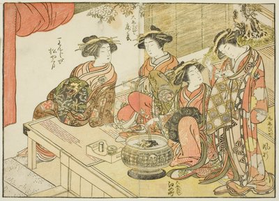 Vier courtisanes van verschillende huizen, uit het boek "Spiegel van mooie vrouwen van de plezierkwartieren (Seiro bijin awase sugata kagami)," deel 3 door Katsukawa Shunsho