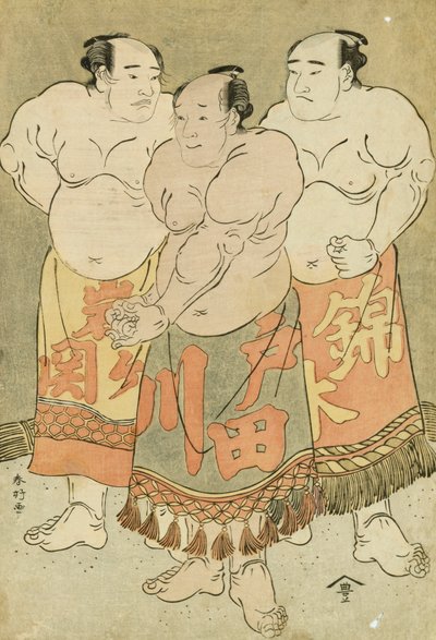 Volledige Portretten van de Worstelaars Nishikigi, Todagawa en Iwagaseki die zich in de Ring presenteren door Katsukawa Shunsho