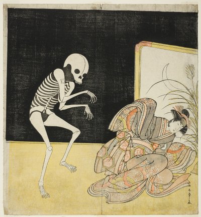 Ichikawa Danjūrō V als Skelet, Geest van de Afvallige Monnik Seigen, en Iwai Hanshirō IV als de Kersenprinses, in "Bloem van Edo: Een Ichikawa Saga" (Edo no Hana Mimasu Soga) door Katsukawa Shunsho