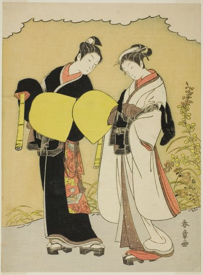 Geliefden gekleed als Komuso-monniken in een herfstlandschap door Katsukawa Shunsho