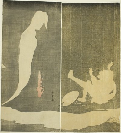 Man valt achterover, opgeschrikt door de geest van een vrouw over een rivier door Katsukawa Shunsho