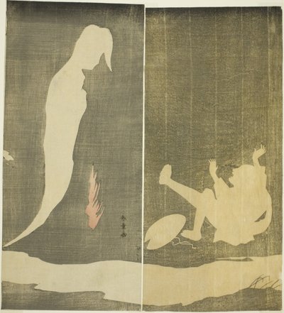 Man die achterover valt, geschrokken door het spook van een vrouw boven een rivier, c.1782 door Katsukawa Shunsho