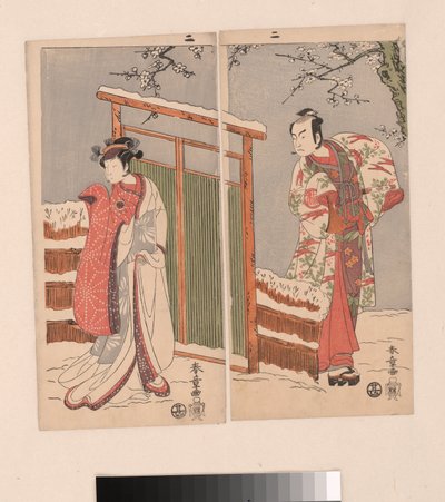 Minamoto no Yoritomo en Yuki Onna in de sneeuw door Katsukawa Shunsho