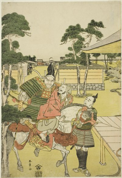 Musashibo Benkei brengt de gevangen Tosabo Shoshun naar Yoshitsune in het stuk Horikawa Youchi no Zu Uki-e Nimaitsuzuki door Katsukawa Shunsho