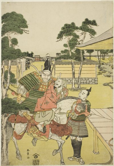 Musashibo Benkei Brengt de Gevangen Tosabo Shoshun naar Yoshitsune in het Toneelstuk Horikawa Youchi no Zu Uki-e Nimaitsuzuki, ca. 1782 door Katsukawa Shunsho