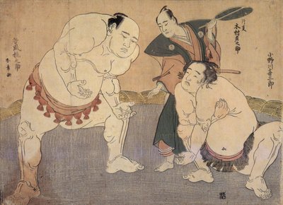 Onagawa Kisaburo en Tanikaze Kajinosuke voeren de Shiriki uit in de Dohyo, gescheidsrechterd door Kimura Shonosuke door Katsukawa Shunsho