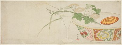 Planten, porseleinen kom en glazen kelk door Katsukawa Shunsho