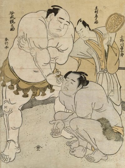 Voorbereidingen voor de Wedstrijd tussen Onagawa Kisaburo en Tanikaze Kajinosuke, gescheidsrechterd door Kimura Shonosuke door Katsukawa Shunsho