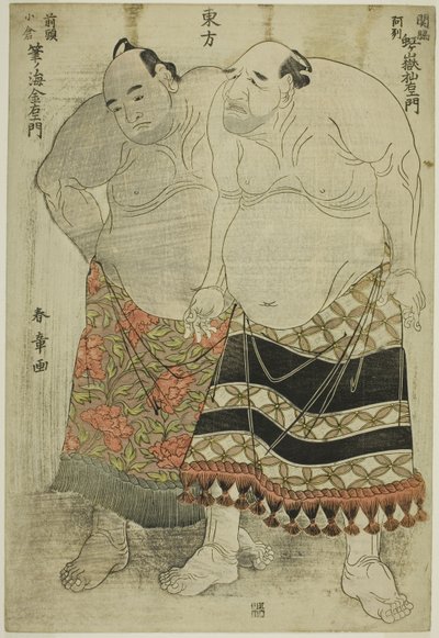 Sumoworstelaars van de Oostelijke Groep: (rechts) Nijigadake Somaemon van de Sekiwake Rank uit de provincie Awa, en (links) Fudenoumi Kin