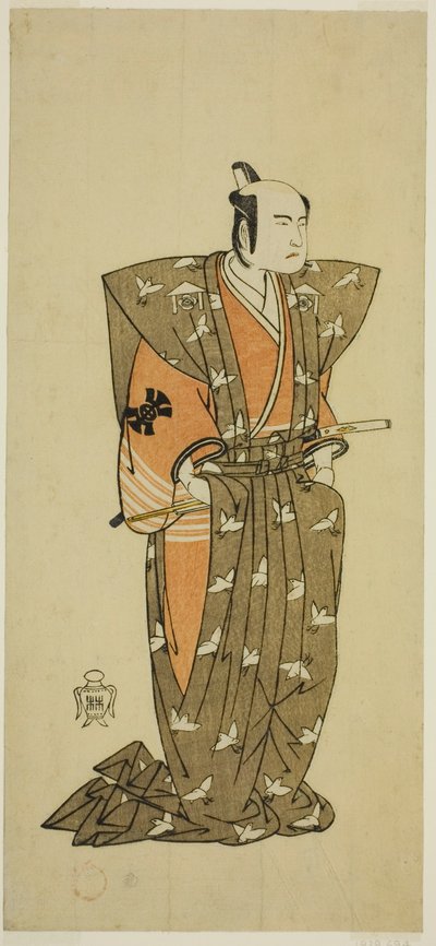De acteur Bando Mitsugoro I als Soga no Juro Sukenari (?) in het stuk Shuen Soga Omugaeshi (?), opgevoerd in het Ichimura Theater (?) in de tweede maand, 1768 (?) door Katsukawa Shunsho