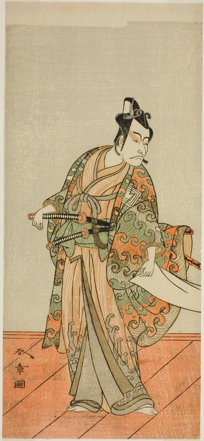 De acteur Ichikawa Danjuro V als Kudo Kanaishi (?) in het stuk Izu-goyomi Shibai no Ganjitsu (?), uitgevoerd in het Morita Theater (?) in de elfde maand, 1772 (?) door Katsukawa Shunsho