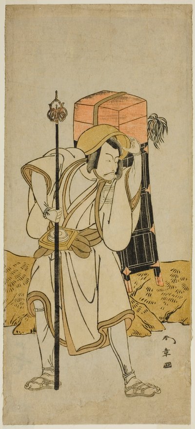De Acteur Ichikawa Danjuro V als Moriya no Daijin Vermomd als Rokuju-rokubu in het Toneelstuk Miya-bashira Iwao no Butai, Opgevoerd in het Morita Theater in de Zevende Maand, 1773 door Katsukawa Shunsho