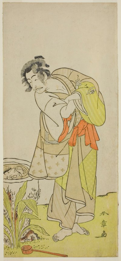 De acteur Ichikawa Danjuro V als Soga no Dozaburo (?) in het stuk Shida Yuzuriha Horai Soga (?), opgevoerd in het Morita Theater (?) in de eerste maand, 1775 (?) door Katsukawa Shunsho