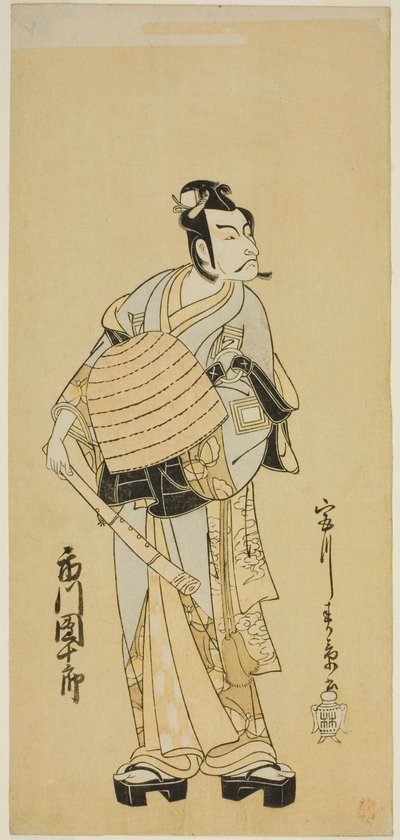 De acteur Ichikawa Danjuro V als Soga no Goro vermomd als een Komuso in het stuk Sakai-cho Soga Nendaiki, uitgevoerd in het Nakamura Theater in de eerste maand, 1771 door Katsukawa Shunsho