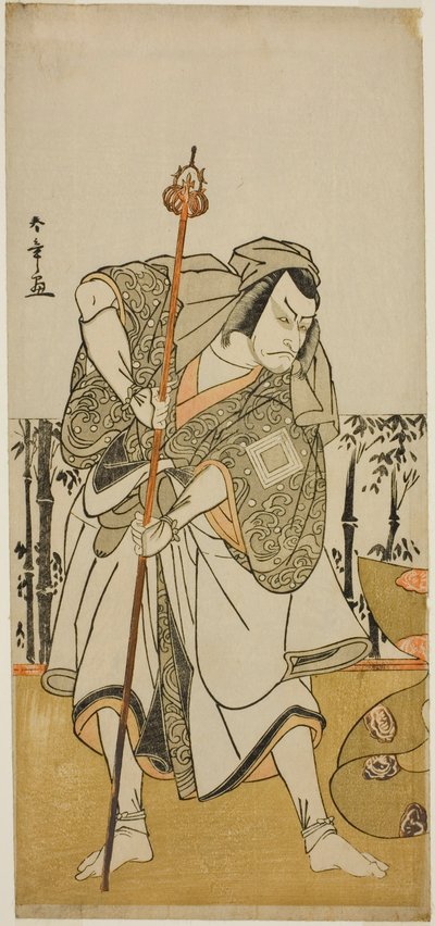 De acteur Ichikawa Danjuro V als Taira no Masakado vermomd als de pelgrim Junjo in het stuk Masakado Kammuri no Hatsuyuki, uitgevoerd in het Nakamura Theater in de elfde maand, 1777 door Katsukawa Shunsho