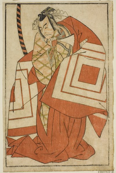 De acteur Ichikawa Danjuro V als Watanabe Kiou Takiguchi (?) in het stuk Nue no Mori Ichiyo no Mato (?), uitgevoerd in het Nakamura Theater (?) in de elfde maand, 1770 (?) door Katsukawa Shunsho