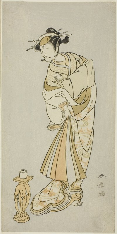 De acteur Ichikawa Danjuro V als de geest van monnik Seigen in de Shosagoto danssequentie "Sono Utsushi-e Matsu ni Kaede" (Een schaduwbeeld van den en esdoorn), de laatste scène van deel twee van het stuk Keisei Momiji no Uchikake (Courtisane in een over-k door Katsukawa Shunsho