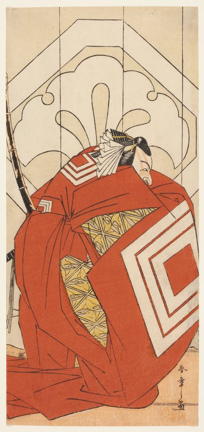 De acteur Ichikawa Danjuro V in een "Shibaraku" rol, waarschijnlijk als Kato Hyoeisa Shigemitsu, in de derde scène van het toneelstuk Masakado Kammuri no Hatsuyuki (De eerste sneeuw op het hoofddeksel van Taira no Masakado), opgevoerd in het Nakamura Theat door Katsukawa Shunsho