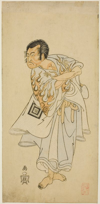De acteur Ichikawa Danzo III als de heilige kluizenaar Narukami in het stuk "Narukami", uitgevoerd met "Miyakodori Azuma Komachi (Vogel van de hoofdstad: Komachi van het Oosten)" in het Morita Theater in de derde maand, 1768 door Katsukawa Shunsho
