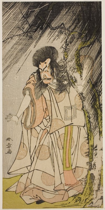 De acteur Ichikawa Ebizo III als de dondergod, een incarnatie van Sugawara Michizane, in het stuk Sugawara Denju Tenarai Kagami, opgevoerd in het Ichimura Theater in de achtste maand, 1776 door Katsukawa Shunsho