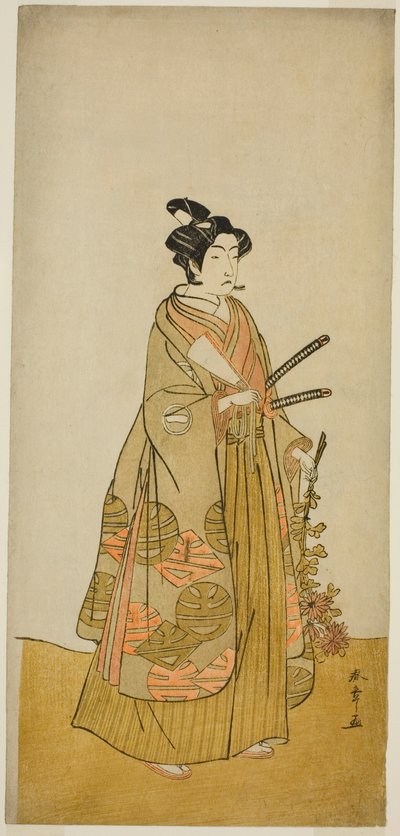 De acteur Ichikawa Monnosuke II als Kichisaburo, tempelpagina van Kichijo-ji, in het stuk Sono Kyodai Fuji no Sugatami, opgevoerd in het Morita Theater in de tweede maand, 1776 door Katsukawa Shunsho