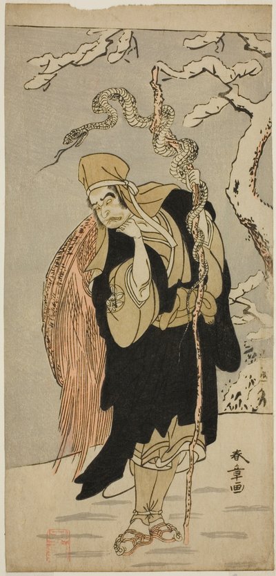 De acteur Ichimura Uzaemon IX als Aza-maru in het stuk Yui Kanoko Date-zome Soga, uitgevoerd in het Ichimura Theater in de eerste maand van 1774 door Katsukawa Shunsho