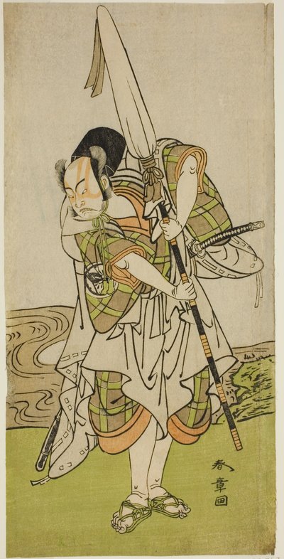 De acteur Nakamura Juzo II als Asahara Hachiro vermomd als de dienaar van een prinselijke familie, in het stuk Onna Aruji Hatsuyuki no Sekai, uitgevoerd in het Morita Theater in de elfde maand, 1773 door Katsukawa Shunsho