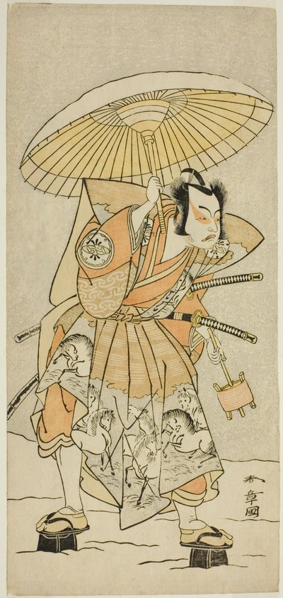 De acteur Nakamura Juzo II als Kajiwara Genta Kagetoki in het stuk Izu-goyomi Shibai no Ganjitsu, uitgevoerd in het Morita Theater in de elfde maand, 1772 door Katsukawa Shunsho