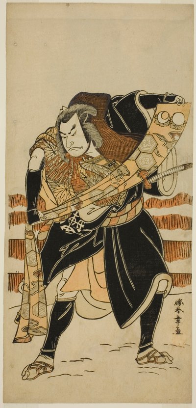De acteur Nakamura Nakazo I als Abe no Sadato (?) in het stuk Date Nishiki Tsui no Yumitori (?), opgevoerd in het Morita Theater (?) in de elfde maand, 1778 (?) door Katsukawa Shunsho