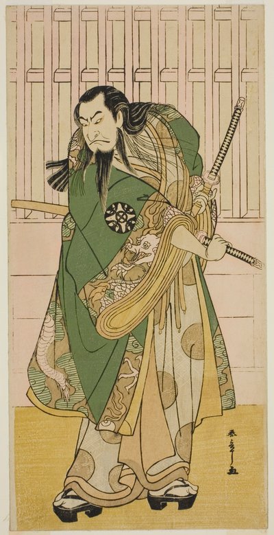 De acteur Nakamura Nakazo I als Hige no Ikyu in het stuk Nanakusa Yosooi Soga, uitgevoerd in het Nakamura Theater in de vijfde maand, 1782 door Katsukawa Shunsho