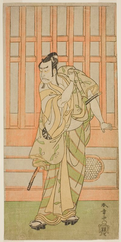 De acteur Nakamura Nakazo I als Kudo Saemon Suketsune (?) in het stuk Sakai-cho Soga Nendaiki (?), uitgevoerd in het Nakamura Theater (?) in de eerste maand, 1771 (?) door Katsukawa Shunsho