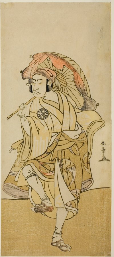 De acteur Nakamura Nakazo I als Onmaya Kisanda vermomd als de leeuwendans Kakubei in het stuk Chigo Torii Tobiiri Kitsune, uitgevoerd in het Ichimura Theater in de elfde maand, 1777 door Katsukawa Shunsho