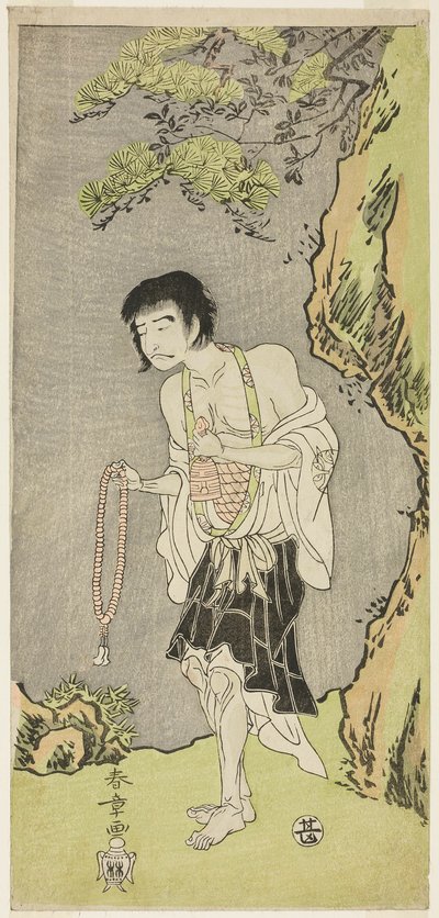 De acteur Nakamura Nakazo I als monnik, Raigo Ajari, in het stuk Nue no Mori Ichiyo no Mato, uitgevoerd in het Nakamura Theater vanaf de eerste dag van de elfde maand, 1770 door Katsukawa Shunsho