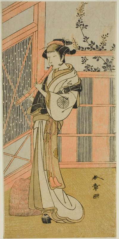 De acteur Nakamura Noshio I als Misao vermomd als een Komuso in het stuk Kosode-gura no Tekubari, uitgevoerd in het Morita Theater in de tweede maand, 1772 (?) door Katsukawa Shunsho