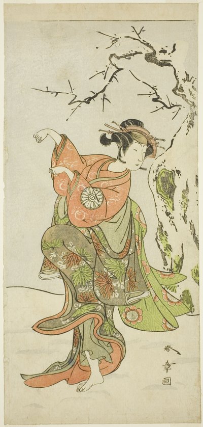 De Acteur Nakamura Noshio I als de Vrouwelijke Vos uit Furui, in een Danssequentie (Shosagoto) in Deel Twee van het Toneelstuk Izu-goyomi Shibai no Ganjitsu (Eerste Voorstellingsdag van de Izu Kalender), Opgevoerd in het Morita Theater vanaf de Eerste Dag  door Katsukawa Shunsho