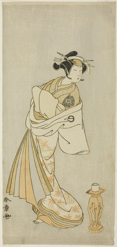 De acteur Nakamura Noshio I als de geest van de courtisane Takao, in de Shosagoto-dansreeks "Sono Utsushi-e Matsu ni Kaede" (Een schaduwbeeld van den en esdoorn), de laatste scène van deel twee van het stuk Keisei Momiji no Uchikake (Courtisane in een Over door Katsukawa Shunsho