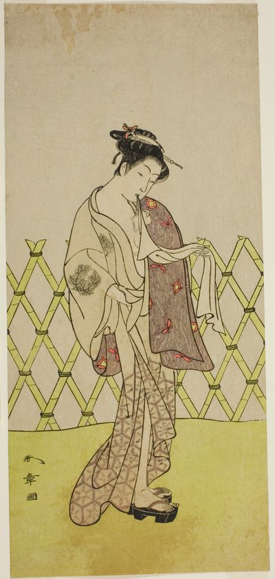 De acteur Nakamura Riko I als Hakata no Kojoro (?) in het stuk Shitenno-ji Nobori Kuyo, uitgevoerd in het Ichimura Theater in de achtste maand, 1773 door Katsukawa Shunsho