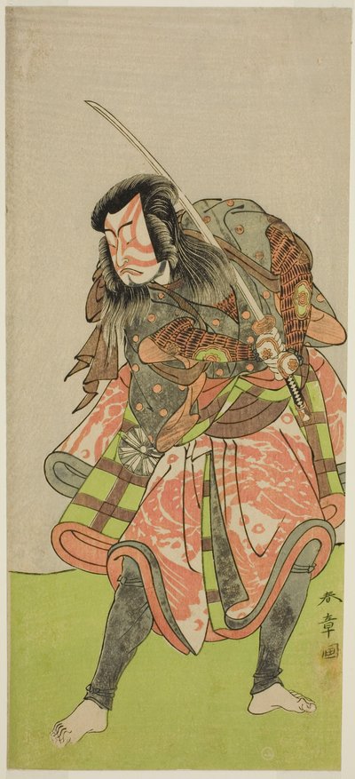 De acteur Nakamura Tomijuro I als Akushichibyoe Kagekiyo in het stuk Kite Hajime Hatsugai Soga, opgevoerd in het Morita Theater in de eerste maand, 1774 door Katsukawa Shunsho