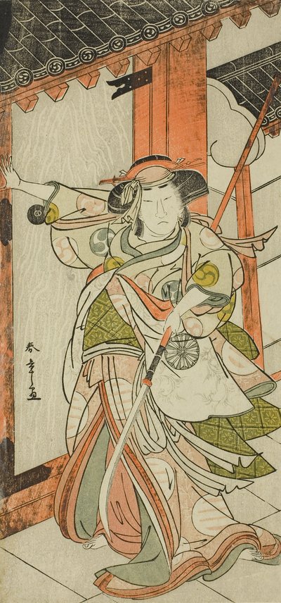 De acteur Nakamura Tomijuro I als Hangaku Gozen die de poort doorbreekt in het stuk Wada-gassen Onna Maizuru, uitgevoerd in het Nakamura Theater vanaf de vijfentwintigste dag van de zevende maand door Katsukawa Shunsho