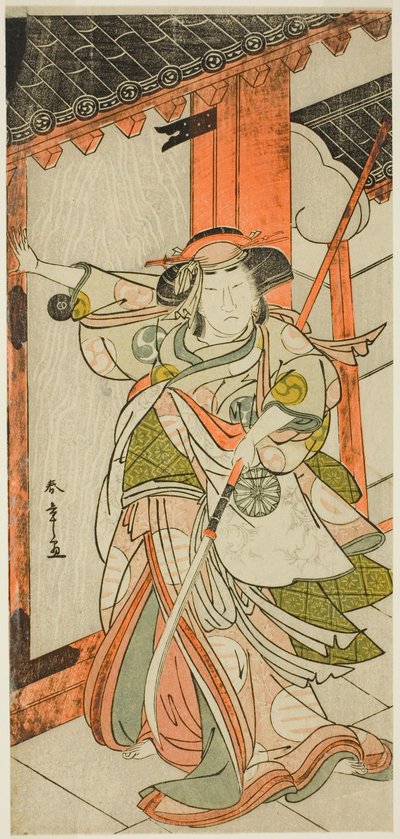 De acteur Nakamura Tomijuro I als Hangaku Gozen die de poort afbreekt in het toneelstuk Wada-gassen Onna Maizuru (Het Wada-conflict: de "Maizuru" van een vrouw), opgevoerd in het Nakamura Theater vanaf de vijfentwintigste dag van de zevende maand, 1777 door Katsukawa Shunsho