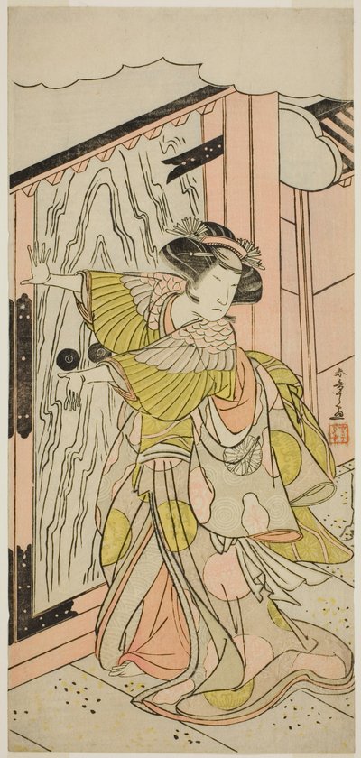 De acteur Nakamura Tomijuro I als Lady Hangaku in het stuk Wada-gassen Onna Maizuru, uitgevoerd in het Nakamura Theater in de zevende maand, 1777 door Katsukawa Shunsho