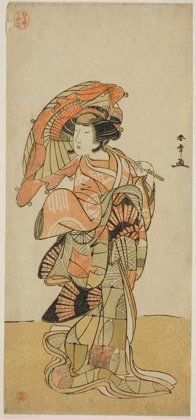 De Acteur Nakamura Tomijuro I als de vrouwelijke vos van Mt. Ubagadake in het stuk "Chigo Torii Tobiiri Kitsune," uitgevoerd in het Ichimura Theater in de elfde maand, 1777 door Katsukawa Shunsho